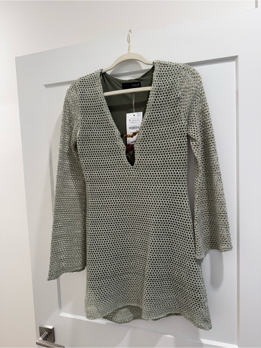 Zara Sage Open-Knit V-Neck Mini Dress